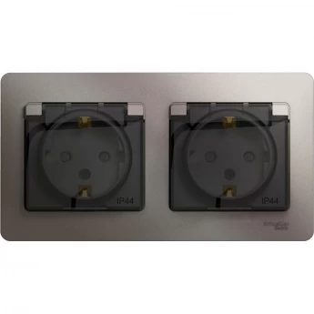 Розетка двойная SCHNEIDER ELECTRIC GLOSSA с заземлением, со шторками, в сборе, IP44, платина